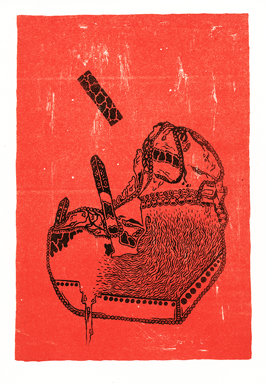 Lithograph print of an abstract graphic black line work on a red background